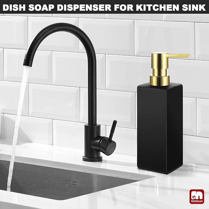 GMISUN Gold Hand Soap Dispenser, Black Glass Soap Dispenser with Gold Pump for Bathroom, 12 fl oz/350ml Refillable Dish Dispensers for Kitchen, Modern Liquid Lotion Bottles for Countertop
