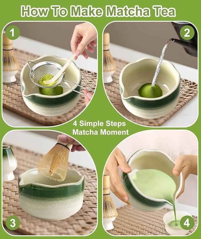 JBER Matcha Set, 7PCS Ceramic Matcha Whisk Set for Matcha Tea Ceremony | Ceramic Matcha Kit Includes 17oz Bowl, Bamboo Whisk (Chasen), Holder, Spoon, Powder Sifter for Matcha Making - Green
