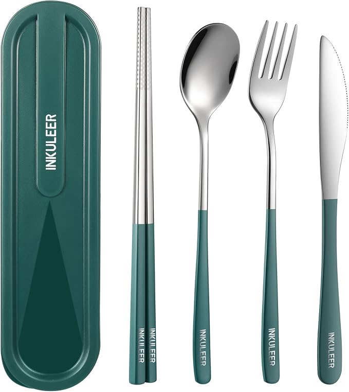 iNKULEER Travel cutlery set, 18/8 stainless steel cutlery, Reusable utensils set with case, Portable Silverware Lunch Box for Camping and Office