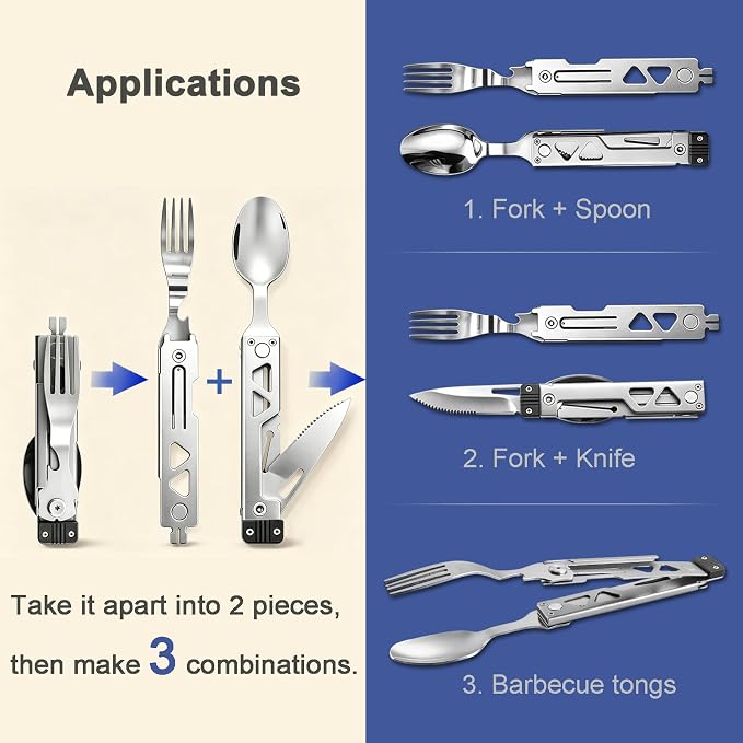 5-in-1 Camping Utensils Set with Pouch Folding Fork Spoon Knife | Detachable Travel Pocket Cutlery Combo, Portable Flatware for Picnic Outdoor, Grill Barbecue BBQ Tongs, 420J2 Stainless Steel