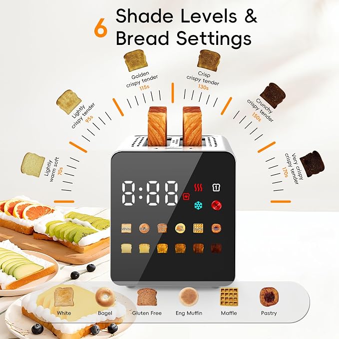 WUNLY Smart Touchscreen 2 Slice Toaster, Wide Slot, Memory & Single-Slot | Digital Timer, Extra Wide Slot for Bagels, 6 Shade Levels & 6 Bread Settings, Reheat, Defrost, Favorite, Platinum