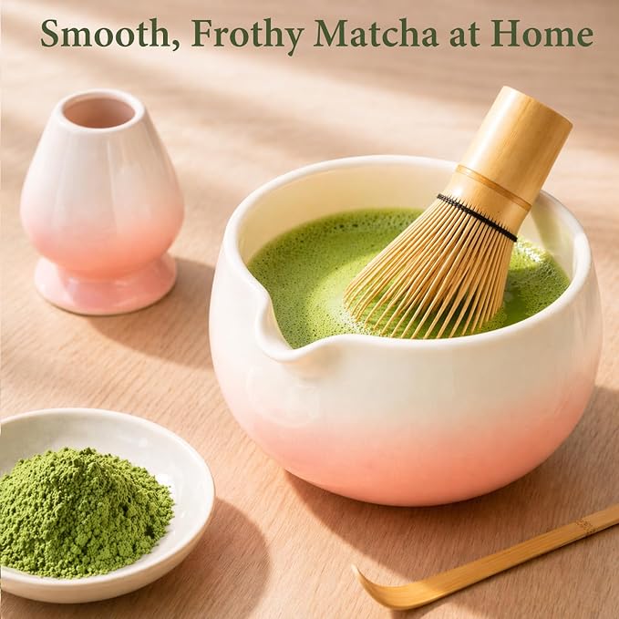 Matcha Whisk Set, Ceramic Matcha Set Includes Bowl & Holder, Bamboo Whisk (Chasen), Scoop, Spoon and Sifter, 6PCS Matcha Kit Covers Everything Needed for Making Matcha (Pink)