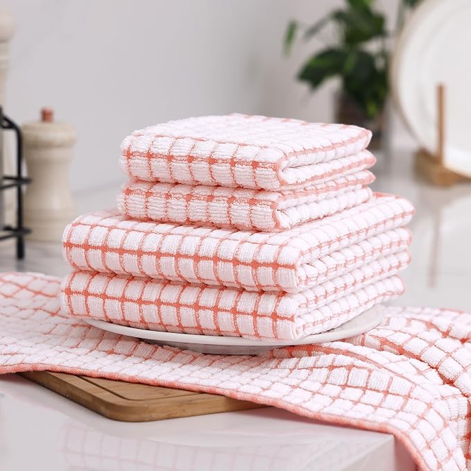 Homaxy Kitchen Towels and Dishcloths Set, Set of 8, Coral | Cotton Terry Kitchen Dish Towels, Super Soft and Absorbent Dish Cloths, 16 x 25 and 12 x 12 Inches