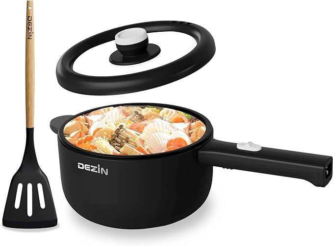 Dezin 2L Hot Pot Electric, Non-Stick Electric Pan, 700W Adjustable Power | Electric Pot for Cooking/Steak/Egg/Fried Rice/Ramen/Soup, Portable Pot for Dorm/RV/Family/Travel/Camping, Include Spatula