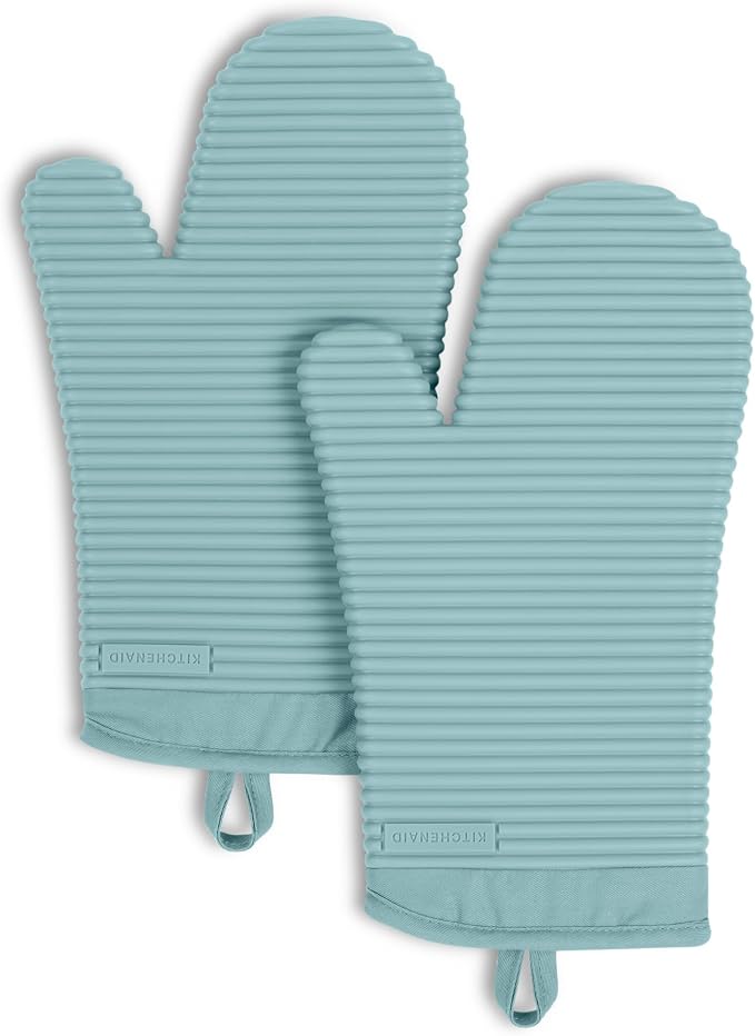 KITCHENAID Ribbed Soft Silicone Oven Mitt 2-Pack Set, 7.5"x13", Mineral Water Aqua