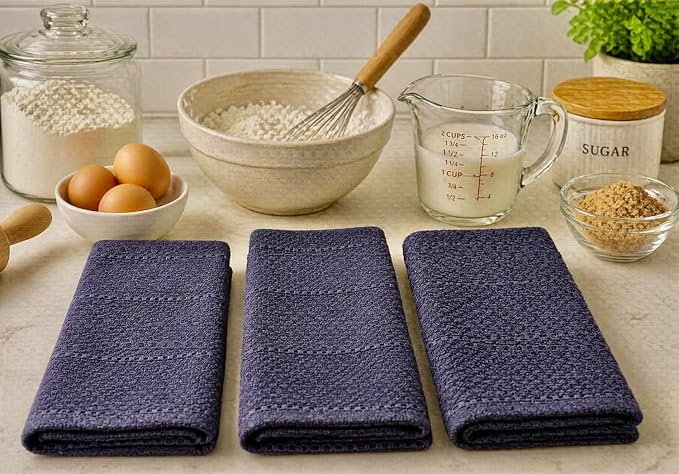 Eggplant Purple Kitchen Hand Dish Towels: Oversized 28" x 18", 100% Cotton Cloth Soft Cleaning Drying Absorbent Textured Design, Set of 3 Multipurpose for Everyday Use