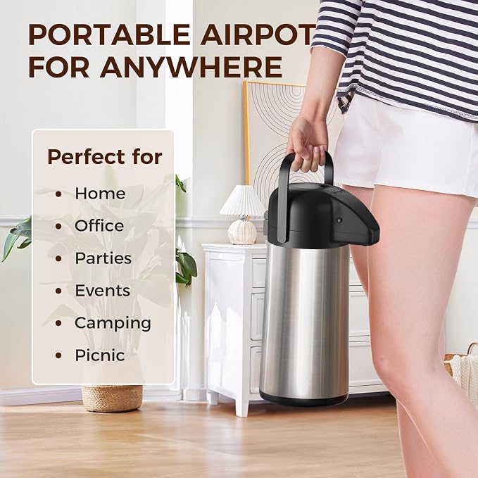 Coffee Carafe for Keeping Hot, 85OZ Airpot Coffee Dispenser with Pump | Large Thermal Coffee Urn for Hot Drinks Tea Liquid, 304 Insulated Stainless Steel Hot Water Beverage Dispenser for Parties