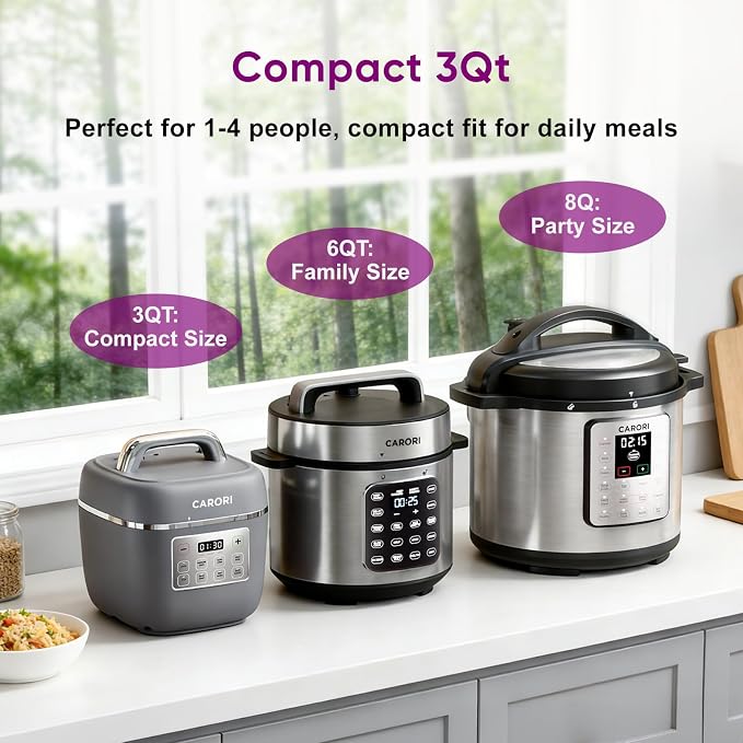 Carori 8-in-1 Electric Pressure Cooker, Compact 3 QT All-in-1 Multi-Cooker with Ceramic Pot, Saute, Slow Cook, Rice, Stew, Delay Start, Keep Warm & Safe Vent, Gray