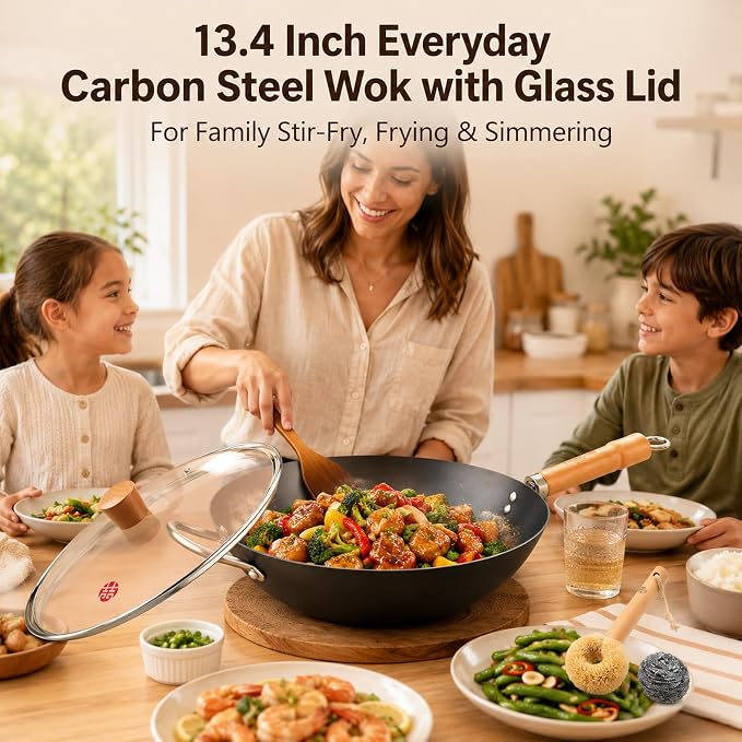 WANGYUANJI 13.4 Inch Carbon Steel Wok Pan with Glass Lid, Flat Bottom Chinese Stir Fry Wok for Induction, Gas and Electric Stoves, Uncoated Iron Wok for Stir Frying, Sautéing and Deep Frying