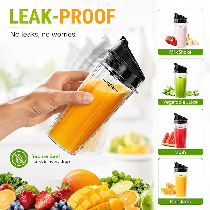 16 oz Ninja Blender Cups Replacement, 3 Pack Cups with Lids, Compatible with QB3001SS, BL660, BL770, BL780, BL740, BL810, 4-Tab Nutri Ninja Blender Cups