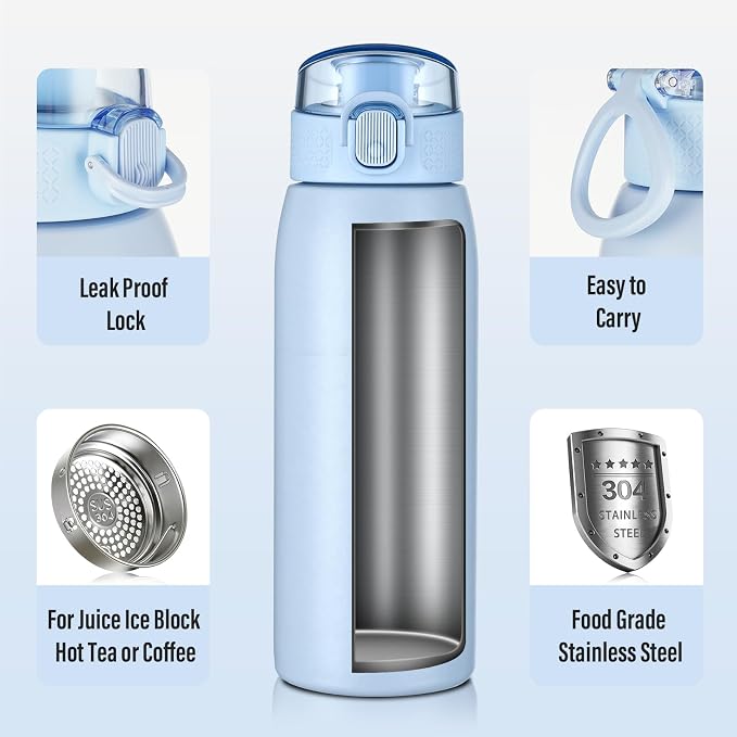 Insulated Water Bottle 18 oz with Dustproof Lid, Carry Handle & Tea Infuser, BPA-Free & Leakproof, Stainless Steel Water Bottles Ideal for Fitness, Hiking, Office & Outdoor Use (Light Blue)