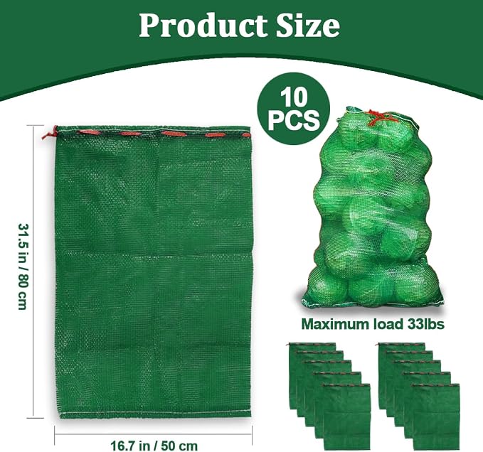 10Pcs 31''x20'' Extra Large Mesh Storage Bags for Produce & Onions（Green) | Reusable Breathable; with Drawstring Closure; Holds up to 33lbs; Ideal for Onions, Potatoes, Crawfish, Firewood Storage