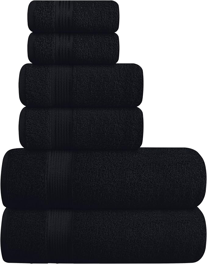 Ultra Soft 6 Pack Cotton Towel Set, Contains 2 Bath Towels 28x55 inch, 2 Hand Towels 16x24 inch & 2 Wash Coths 12x12 inch, Ideal for Everyday use, Compact & Lightweight - Black