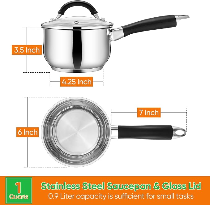 P&P CHEF 1 Quart Stainless Steel Sauce Pan Pot with Lid, Small Saucepan | For Induction Cooking & Multi Stoves, Multipurpose Pot with Visible Glass Lid & Silicone Handle, Rust Free & Dishwasher Use