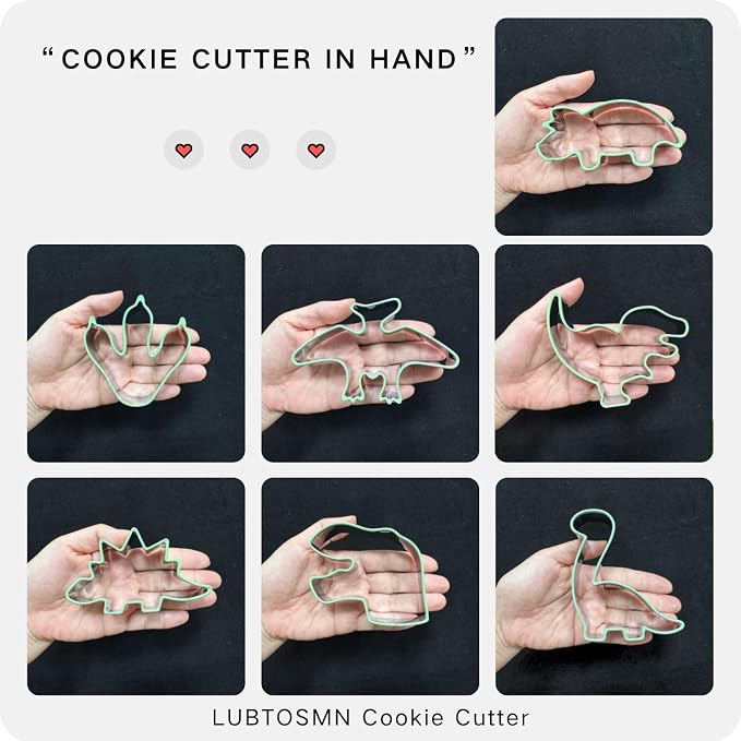 LUBTOSMN 7 Piece Dinosaur Cookie Cutters Set, Silicone Rim Baking Set | Dishwasher-safe stainless steel cutters for cookies, fondant, sandwiches, dinosaur parties and home baking treats