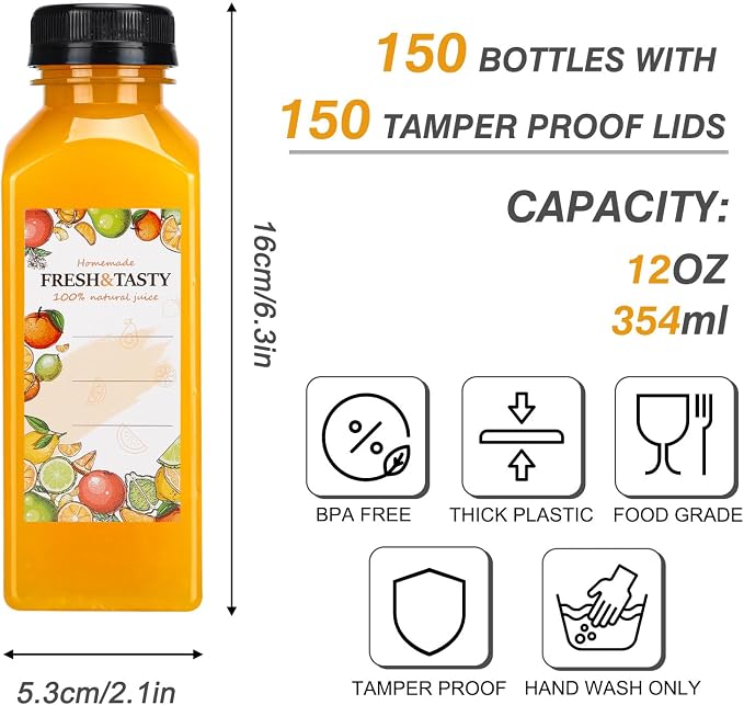 150pcs 12oz Plastic Juice Bottles with Caps, Sticker Labels, Brush | Reusable Plastic Juice Bottles with Lids and Labels, Funnel, Brush Beverage Containers for Juicing, Smoothies, Tea, Milk