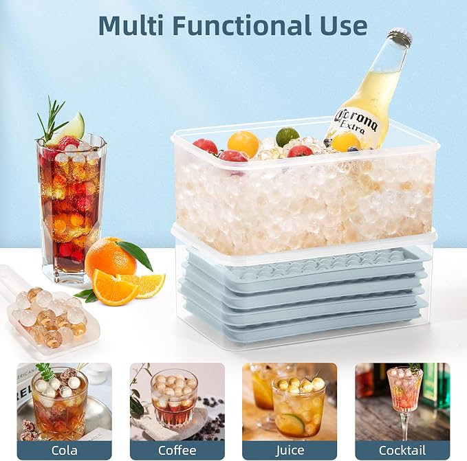 Mini Ice Cube Trays for Freezer with Lid, 0.55" Pebble Ice | 4 Trays-Blue, with Ice Box & Scoop. for Coffee, Bottle, Juice & Drinks, Easy Twist Release, Stackable