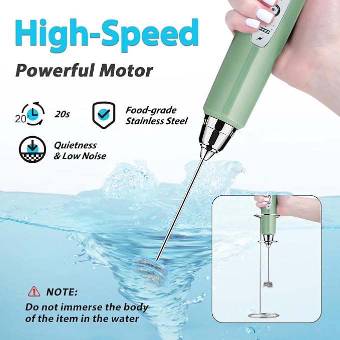 Milk Frother Wand Rechargeable Handheld Electric Whisk 3 Speed Adjustable | Coffee Frother Wand with 3 Stainless Whisks Electric Foam Maker Drink Mixer Blender for Latte Cappuccino Matcha Egg