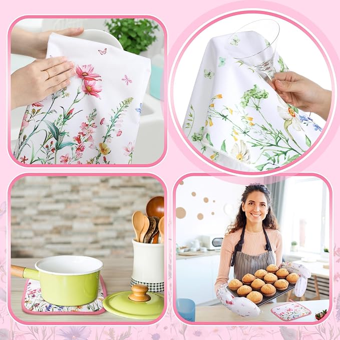 Fourluoo 10 Pcs Wildflower Kitchen Dish Towels Rugs Oven Mitts and Pot Holders Set Farmhouse Kitchen Decor Set for Women Mom Daughter Gift Cooking Baking Grilling (Pastel Pink White)