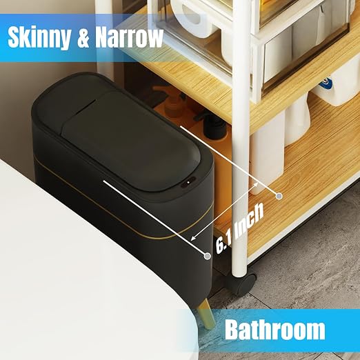 Yatmung Bathroom Trash Can Automatic Touchless - Modern Smart Trash Bin | Narrow Waste Basket for Bedroom, Laundry Room, Office, Plastic - Motion Sensor Garbage Can with Lid - Black with Gold Edge