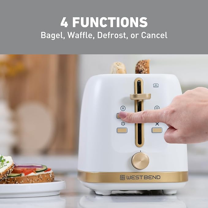 West Bend Timeless 2-Slice Toaster with 7 Browning Levels, Bagel/Waffle/Defrost Settings, High-Lift Lever, Anti-Jam, Easy-Clean Crumb Tray, 2-Slice, White/Gold