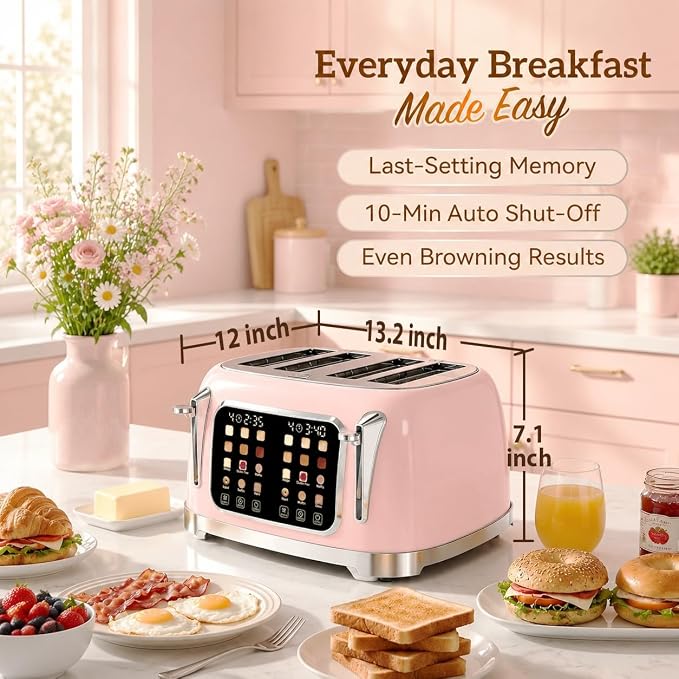 RONGBEST Retro Toaster 4 Slice with Stainless Steel Wide Slot Touchscreen for Family Breakfast, Reheat & Defrost, 6 Browning Levels for Bagel & Bread, Removable Crumb Tray, Blush Pink