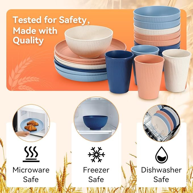 Wheat Straw Dinnerware Sets,64-Piece Plates and Bowls Sets for 8-Unbreakable,Reusable Plastic Dish Set-Dinner Plate/Dessert Plate/Cereal Bowl/Cup/Utensils-Microwavable Dishwasher Safe 64P-Blue