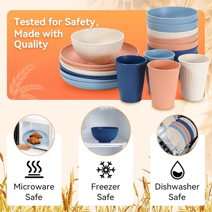 Wheat Straw Dinnerware Sets,64-Piece Plates and Bowls Sets for 8-Unbreakable,Reusable Plastic Dish Set-Dinner Plate/Dessert Plate/Cereal Bowl/Cup/Utensils-Dishwasher Safe 64P-JadePeak Lake Sunset