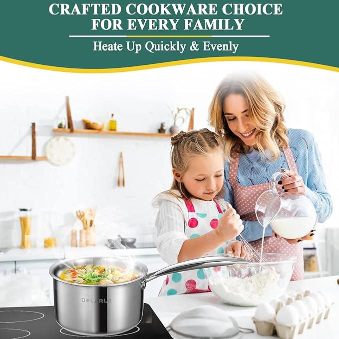 DELARLO Full-body Clad Tri-ply Stainless Steel 2 Quart Saucepan with Lid | Small Stainless Steel Pot Induction Cooking Sauce Pot Pan, Heavy Duty Saucier Cookware, PFOA&PTFE Free