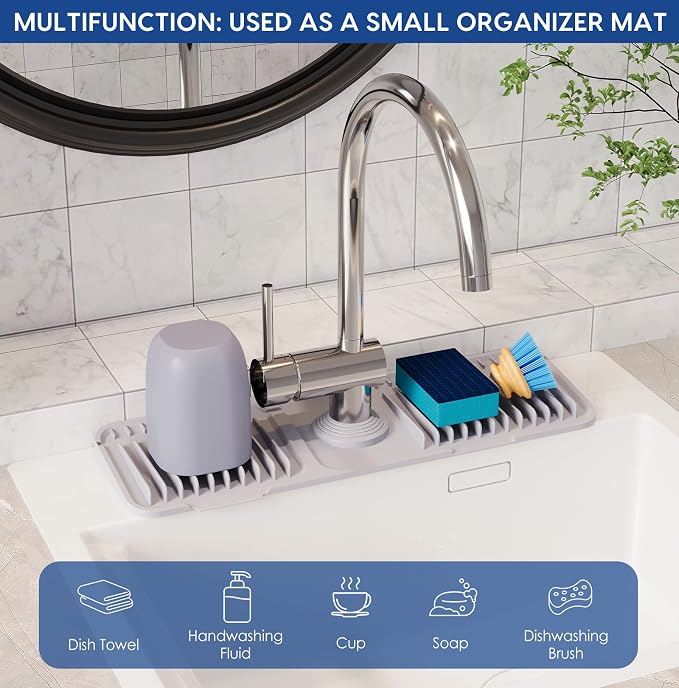 17.7-Inch Silicone Faucet Mat for Kitchen Sink Splash Guard, 7° Slope | 17.7"x5.5" water draining mat with fasten button; 1.6-2.75" customizable hole for bathroom, RV & kitchen sink drip catcher.