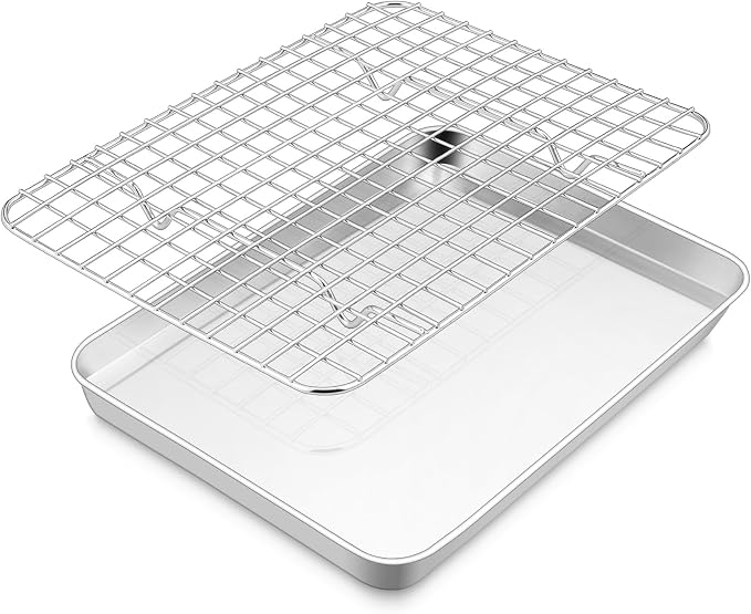 E-far Baking Sheet with Wire Rack Set, 10.5" x 8.3" (1 Pan +1 Cooling Rack) | Stainless Steel Sheet Pan with Rack Set for Toaster Oven, Small Metal Tray for Cooking Roasting, Non-Toxic, Dishwasher Safe