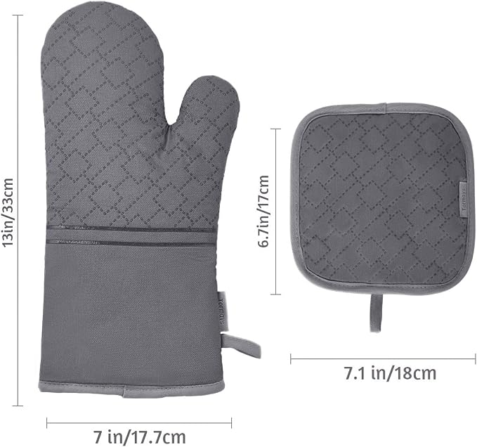 4Pcs Oven Mitts and Pot Holders Set, 572F Heat Resistant Oven Glove, Soft Cotton Lining with Non-Slip Surface for Kitchen Baking BBQ (Grey)