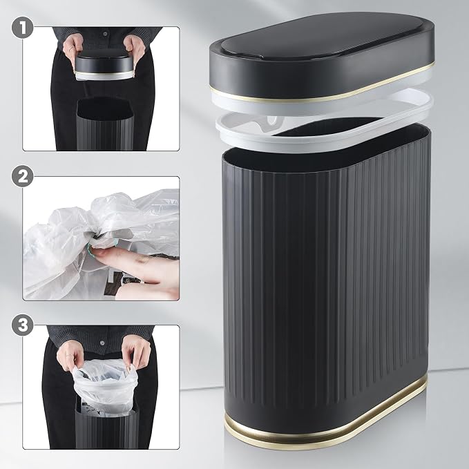 ELPHECO Slim Bathroom Trash Can with Lid, 2 Gallon Black Golden | Smart Garbage Can, Plastic Wastebasket, Narrow Garbage Bin, Waterproof Bathroom Decor for Bedroom