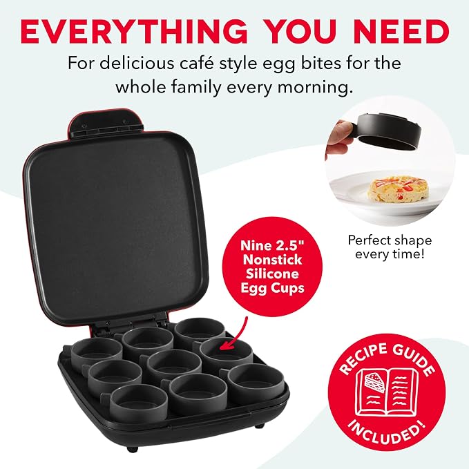 Dash Family Size Egg Bite Maker - Electric Egg Bite Maker with Non-Stick Silicone Cups - Space-Saving Design & Quick Cleanup - Make Sandwiches, Healthy Snacks & Desserts - 9 Servings, Red