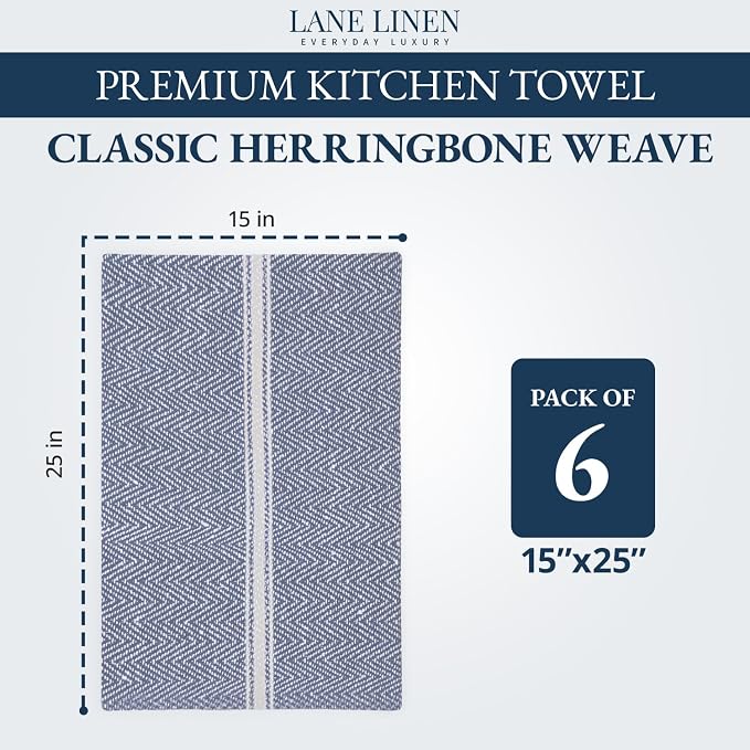 Lane Linen Kitchen Towel Set, 6 Pack 100% Cotton Hand Towels for Kitchen, Dish Towels for Drying Dishes, Lint Free, 14"x25", Good for Cleaning Windows, Ceramic Surface, Glass Stovetops - Blue Chambray