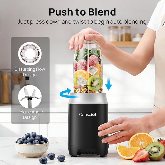 Consciot 16Pcs Personal & Countertop Blender Combo, Coffee & Spice Grinder | Make Shakes and Smoothies, Frozen Drinks, Baby Food, Spreads & More, 4 Portable BPA-Free To-Go Cups & 4 Lids, 900 Peak Watts
