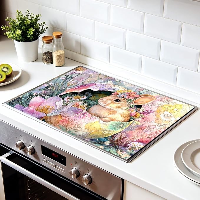 Stove Top Cover for Electric Stove 28.4 x 20.5 Inch Non Slip Stove Mat Oil Proof Easter Bunny Floral Glass Cooktop Protector Kitchen Mat