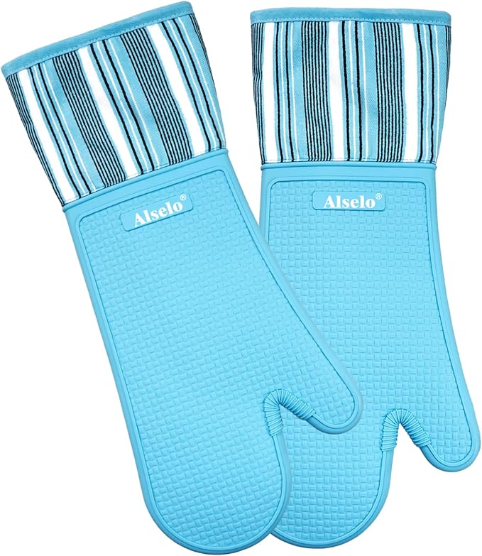 Alselo Silicone Oven Mitts Set, Heat Resistant 550 Degree,7.5"x16" | Extra Long Kitchen Mittens,Waterproof & Non-Silp Oven gloves for Baking Cooking Barbecue Microwave (Extra Long Sapphire, 2)