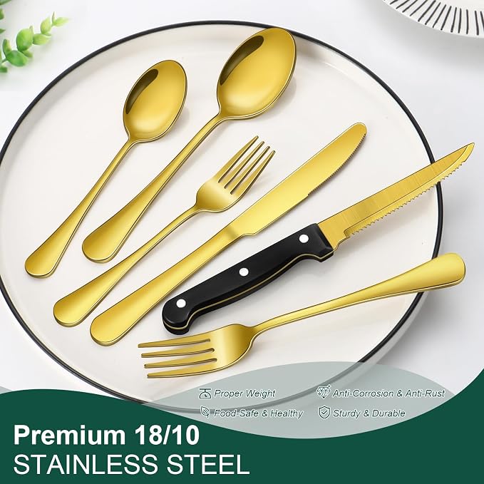 24-Piece Gold Silverware Set with Steak Knives Black Stainless Steel Flatware Set for 4 Food Grade Tableware Cutlery Set Rust-proof, Mirror Polished, Dishwasher Safe