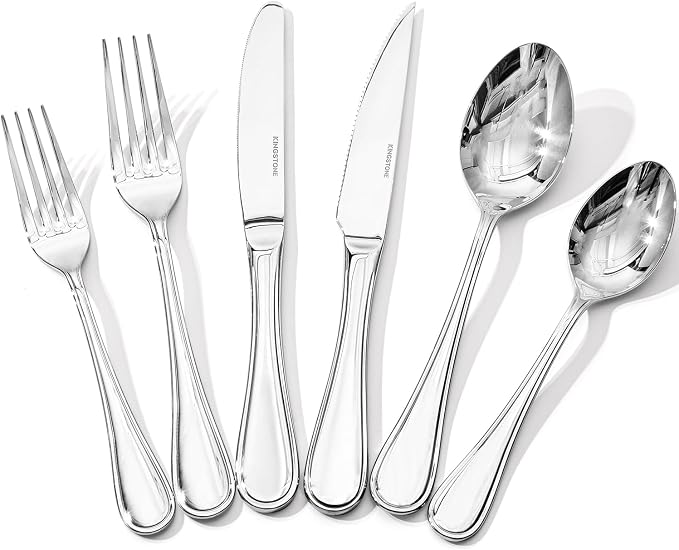 24 Piece Silverware Set for 4 with Steak Knives, 18/10 Stainless Steel | KINGSTONE Teardrop Heavy Cutlery Set, Mirror Polished Knives Forks and Spoons Utensils, Dishwasher Safe for Kitchen Wedding