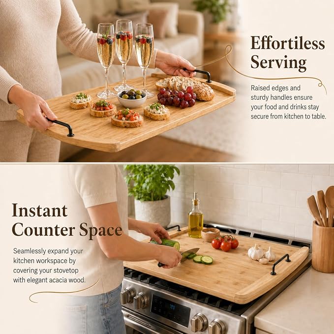 DHARANA Gas Electric Stove Top Cover Wooden Board Burner Glass RV Stovetop | Bamboo Noodle Boards 29*22*1.26