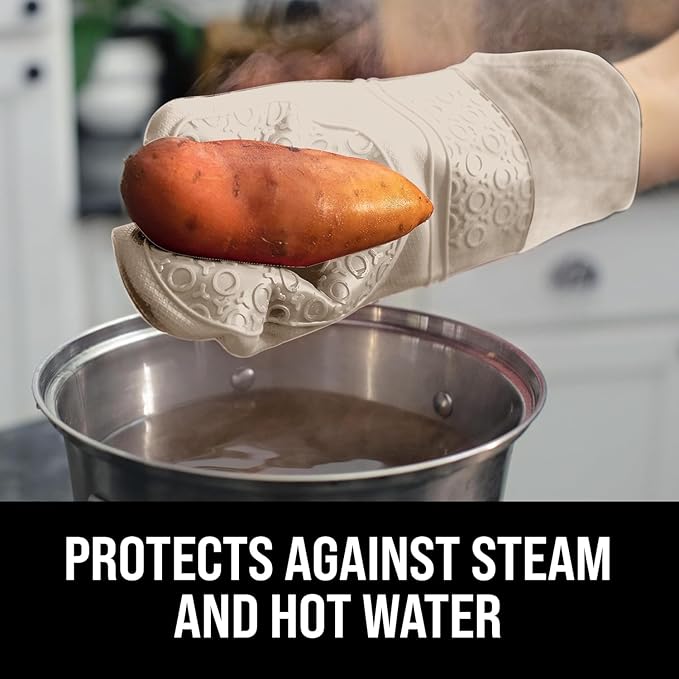 BPA-Free Silicone Oven Mitts Ultra Heat Resistant up to 500°F - Oven Mitts with Thick Cotton Liner - Long Slip Resistant Pot Holders, Flexible Oven Gloves - Beige 14.7