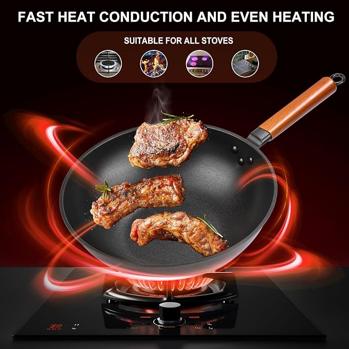 Wok, 13" Carbon Steel Woks & Stir-Fry Pans Nonstick with Black Lid | Pre-Seasoned Flat Bottom Chinese Wok for Electric, Induction, Gas, All Stoves