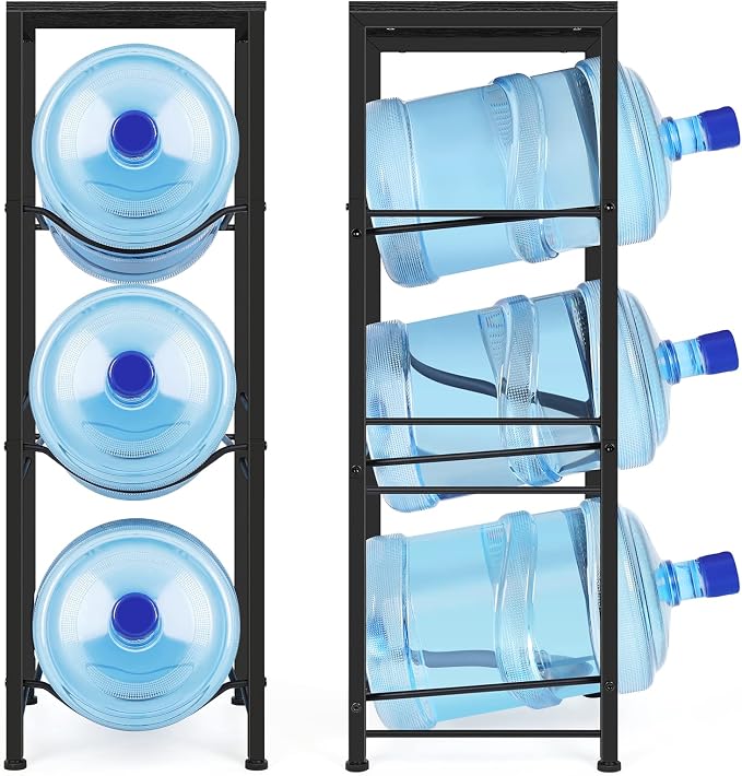 OYEAL Water Bottle Holder Organizer 5 Gallon Water Jug Stand with Shelves, 3-Tier Water Bottle Dispenser Stand for Kitchen Living Room Office, Black