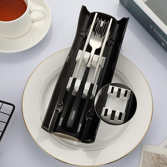 DEVICO Camping Utensils, Full-Size Reusable Silverware for Lunch Adult | 18/8 Stainless Steel Reusable Travel Cutlery Set,Korean Chopsticks Fork and Spoon Set for Lunch Box/Camping/Picnic/Dorm,Black