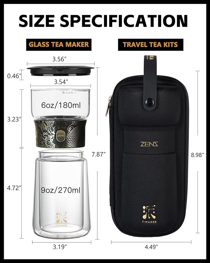 ZENS Glass Infuser Teapot, Cool One Touch Tea Maker For Loose Tea, Dragon | Modern Tea Diffusers, Magic Tea Pot with 9oz Insulated Mug and Portable Bag for Herbal Tea Lovers Gifts