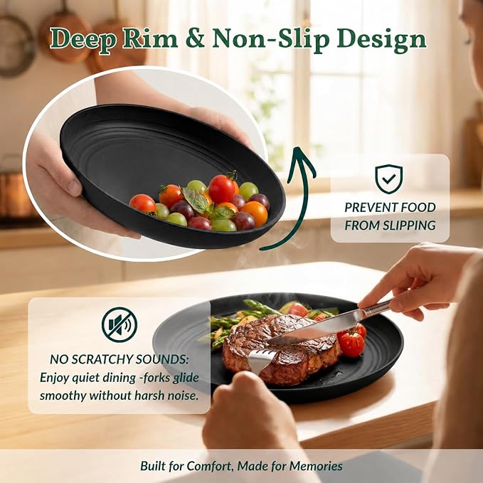 Wheat Straw Plates Sets 8 PCS Unbreakable Plastic Plates for Party, Camping, Picnic, Stackable Deep Dinner Plates Set Microwave & Dishwasher Safe Kitchen Plates for Dessert (Black, 9 inch)