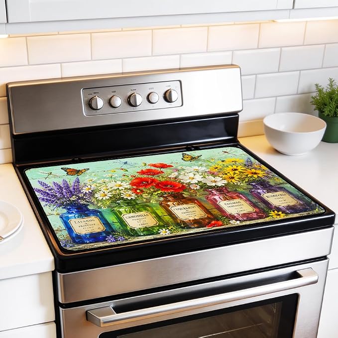 Vintage Wildflower Stove Top Cover for Electric Gas Glass Stove | Vintage French country wildflower kitchen decor; non-slip stovetop cover, glass cooktop noodle board, floral counter mat