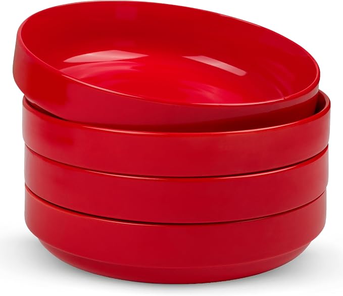 KooK Ceramic Large Pasta Bowls, Microwave and Dishwasher Safe, Great for Soups and Salads, Shallow Serving Bowls, Glossy Porcelain, 47 oz, Set of 4, Cherry Red