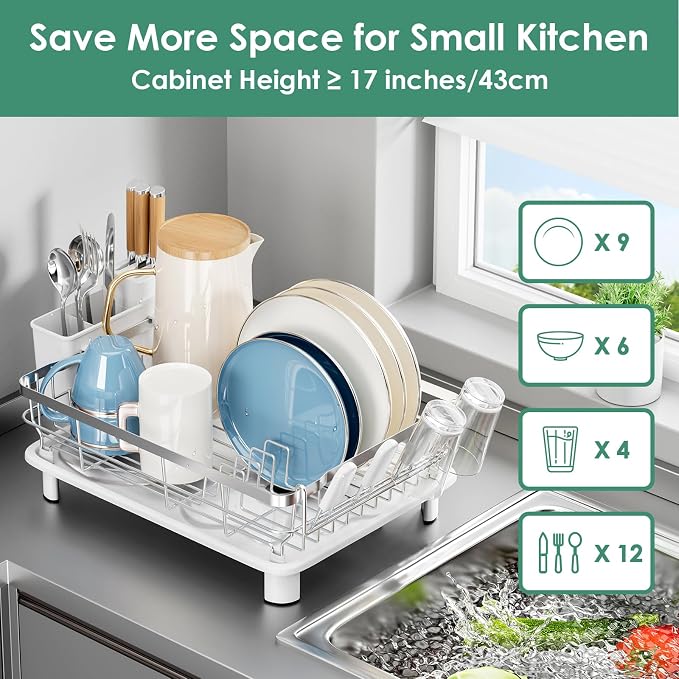 MOUKABAL Stainless Steel Dish Drying Rack for Kitchen Counter, White Silver | 13×17 Large Capacity/Drainboard with Rotating Spout/Removable Cup & Utensil Holders/Fast Drainage/Countertop Dish Drainer
